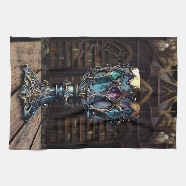 Paño De Cocina Biblioteca medieval del Castillo Gótico Morado Azu (Horizontal)