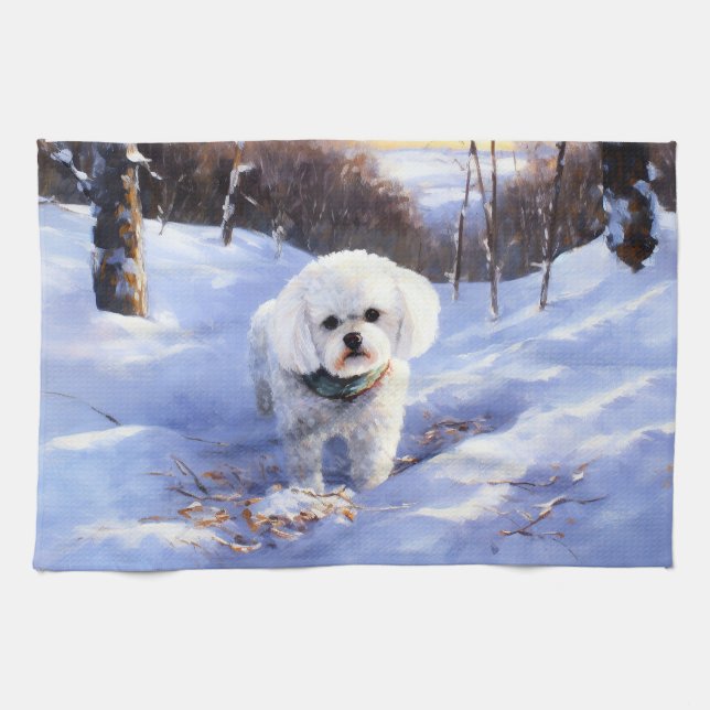 Paño De Cocina Bichon Frise Deja que nieve Navidad (Horizontal)