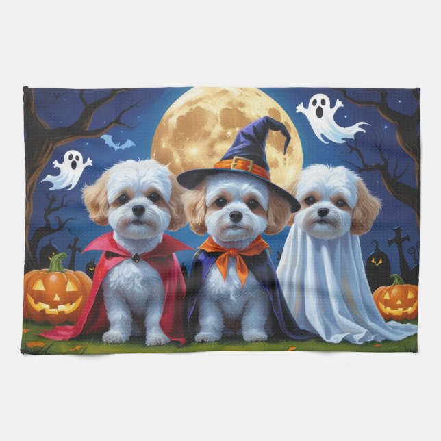 Paño De Cocina Bichon Frise Dogs Pumpkin Halloween Funny (Horizontal)
