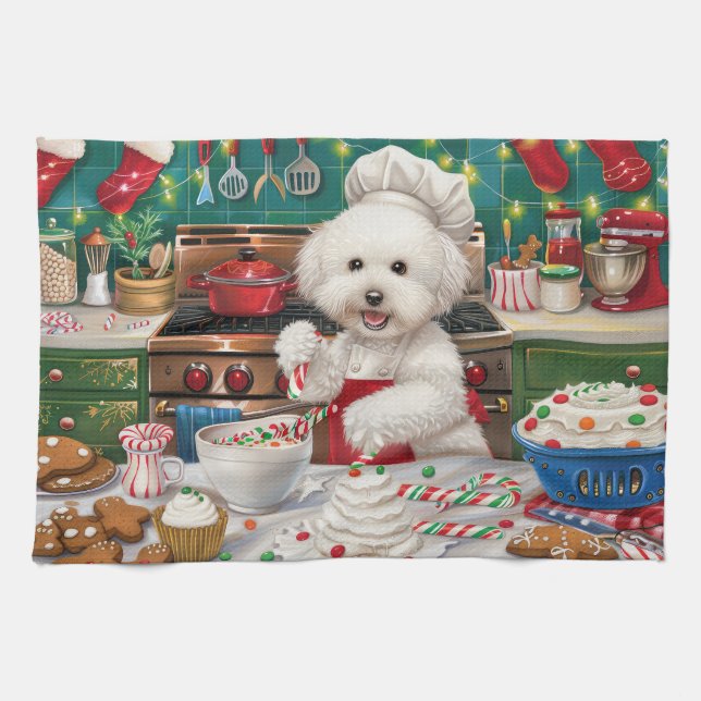 Paño De Cocina Bichon Frise Holiday Baking: Navidades festivos (Horizontal)