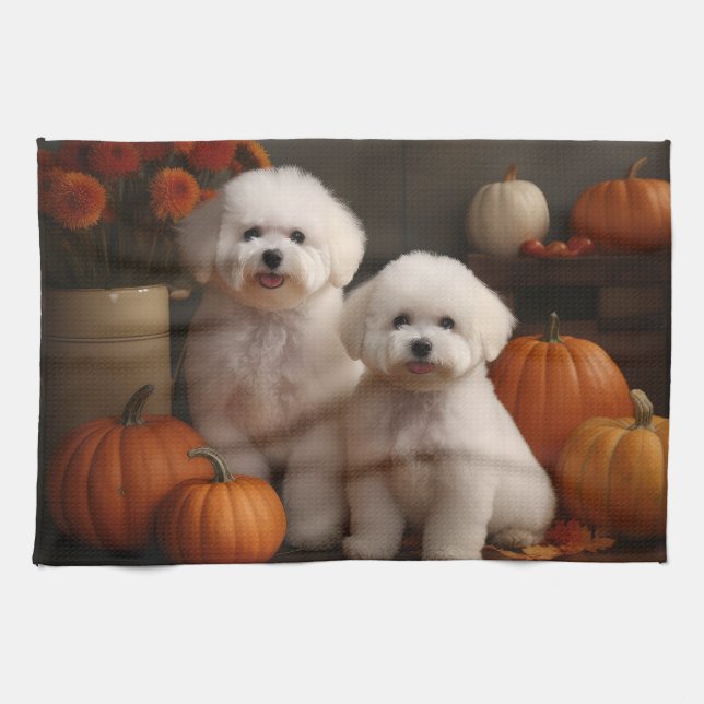 Paño De Cocina Bichon Frise Puppy Calabaza deslumbrante de otoño (Horizontal)