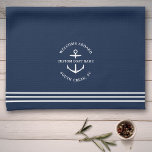 Paño De Cocina Bienvenida del Moderno Nautical Personalizado Boat<br><div class="desc">Toalla de cocina náutica en azul marino que dice "bienvenido a bordo",  así como el nombre de tu barco personalizado y la ubicación dentro de un diseño de ancla.</div>