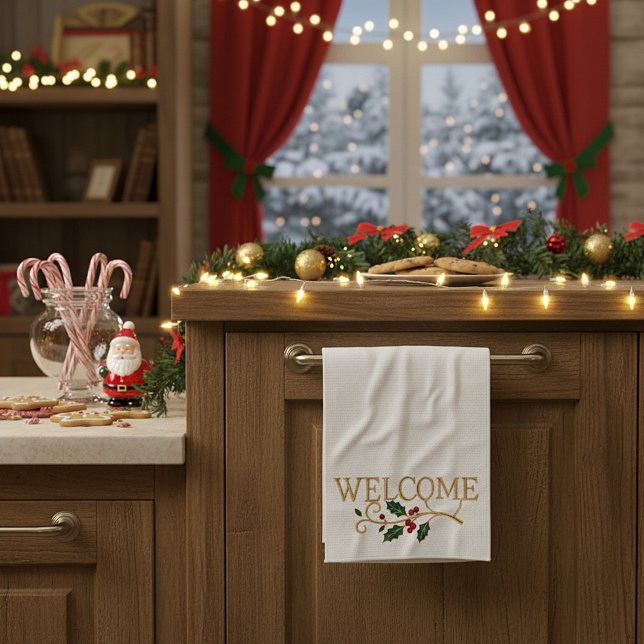Paño De Cocina Bienvenido invitado de Navidad de acebo (Subido por el creador)