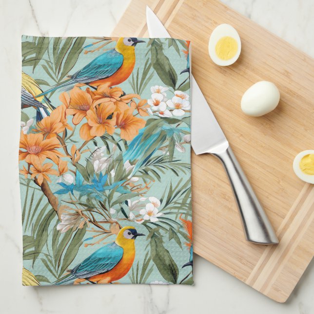 Paño De Cocina Birds Chinoiserie Mint Naranja (Doblado Cuarto)