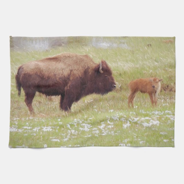 Paño De Cocina Bison y Calf en Yellowstone (Horizontal)
