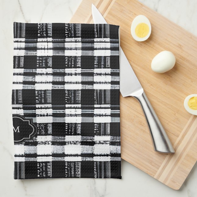 Paño De Cocina Black and white buffalo plaid monogrammed (Doblado Cuarto)