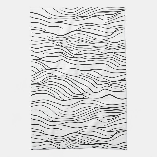 Paño De Cocina Black and White Hand-Drawn Wavy Line Pattern (Vertical)