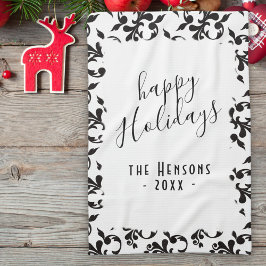 Paño De Cocina Black and White Rococo Happy Holidays Script