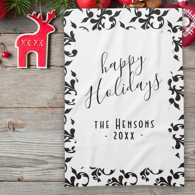 Paño De Cocina Black and White Rococo Happy Holidays Script (Subido por el creador)