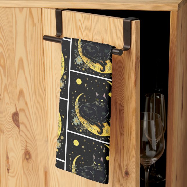 Paño De Cocina Black Cat Crescent Moon Floral White Halloween (Pliegue de tercios)