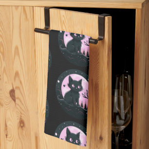Paño De Cocina Black Cat Rosa Full Moon Celestial Black Halloween