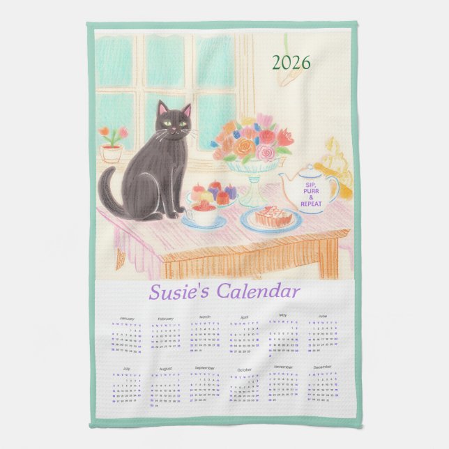 Paño De Cocina Black Cat & Tea Party Kitchen Towel Calendar (Vertical)