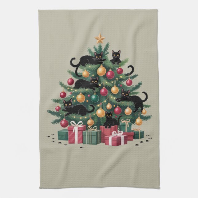 Paño De Cocina Black Cats Christmas Tree Cat Lover Xmas Luces (Vertical)
