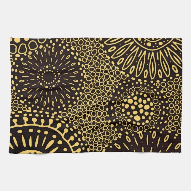 Paño De Cocina Black Gold Ethnic Floral Pattern Kitchen Towel (Horizontal)