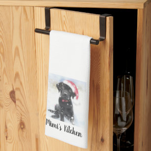 Paño De Cocina Black Lab Puppy usando Santa Hat, texto Personaliz