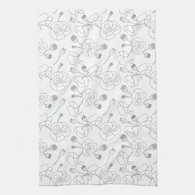 Paño De Cocina Black on White Poppies (Vertical)