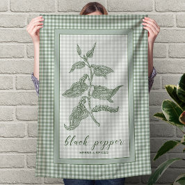 Paño De Cocina Black Pepper Herb - Green Gingham Border