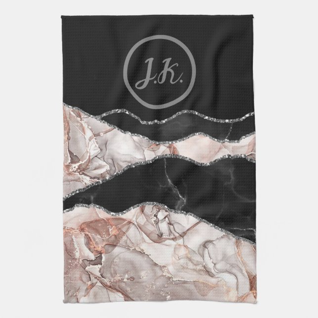 Paño De Cocina Black Pink Silver Iniciales Marble Agate Glam (Vertical)