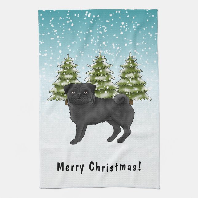 Paño De Cocina Black Pug Cute Cartoon Dog Snowley Winter Forest (Vertical)