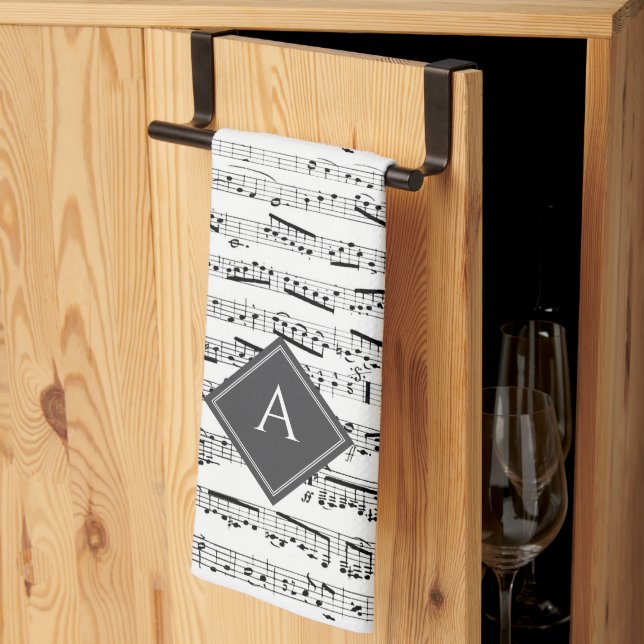 Paño De Cocina Black & white Musical Notes Personalizado Monogram (Pliegue de tercios)