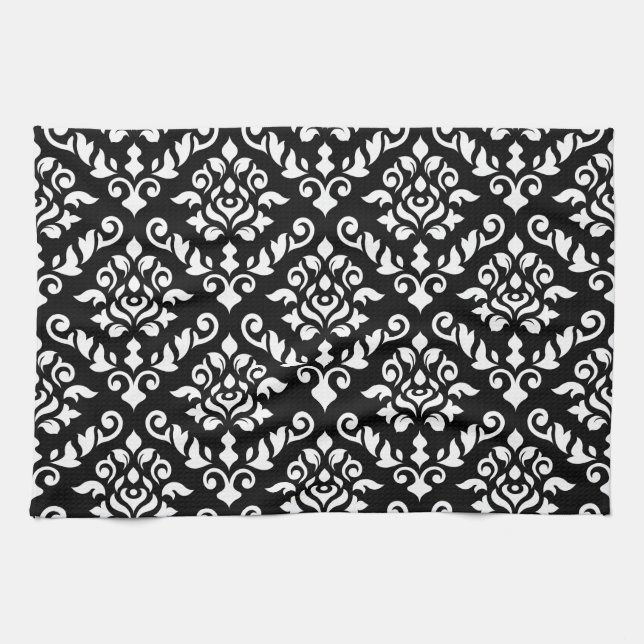 Paño De Cocina Blanco barroco del modelo del damasco en negro (Horizontal)