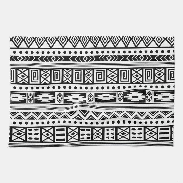 Paño De Cocina Blanco Con El Patrón De Ikat Tribal Negro Sin Marg (Horizontal)