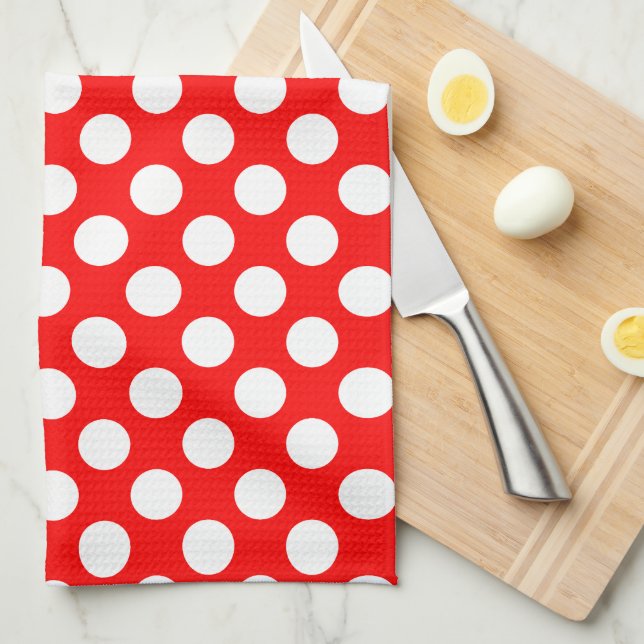 Paño De Cocina Blanco sobre puntos de polka de gran tamaño rojo (Doblado Cuarto)
