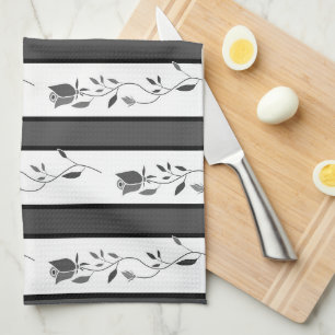 Paño De Cocina Blanco y negro gris vintage rayado con rosas
