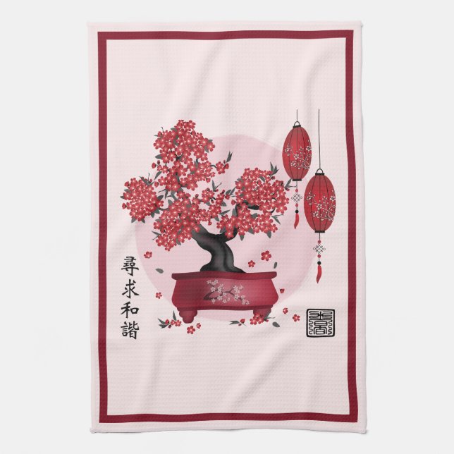 Paño De Cocina Bloguera roja bonsai 'Busca armonía' en chino (Vertical)