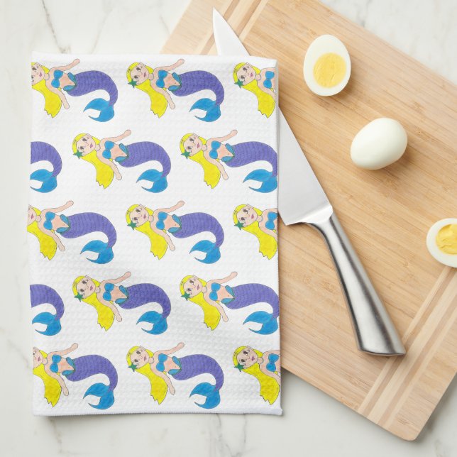 Paño De Cocina Blona Natación Sirena Chica Púrpura Cola Mar (Doblado Cuarto)