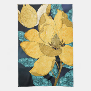 Paño De Cocina Bloom dorado con hojas Verde azuladas Abstract Flo