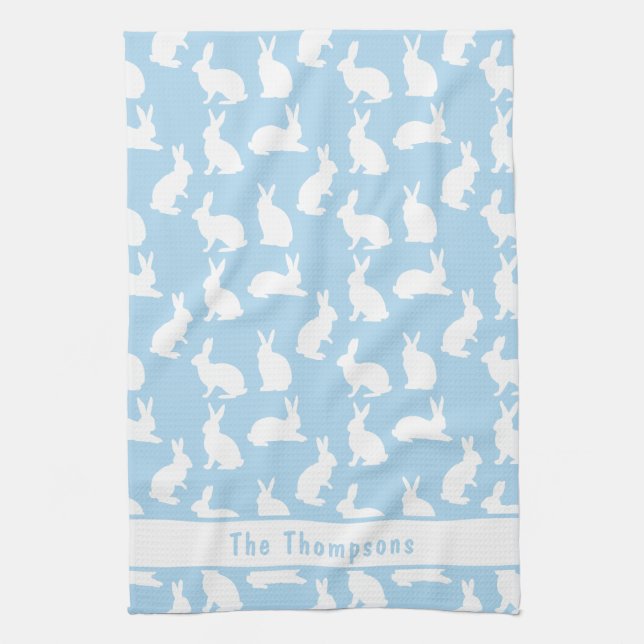 Paño De Cocina Blue And White Bunny Pattern And Name Easter (Vertical)