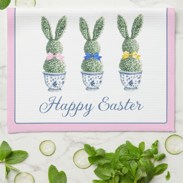 Paño De Cocina Blue and White Chinoiserie With Rabbit Topiaries (Doblado)