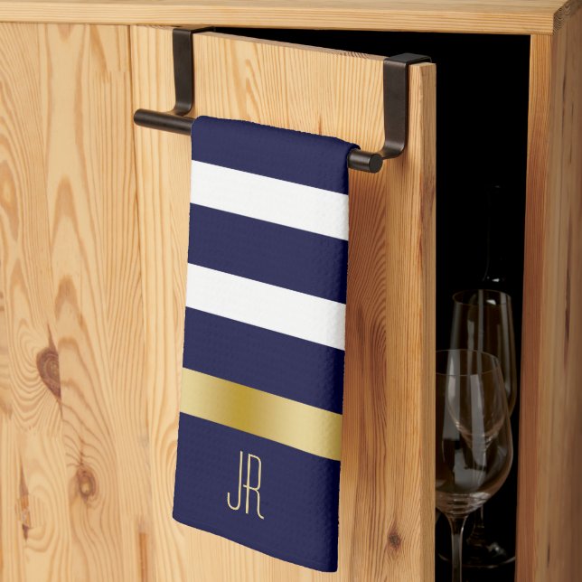 Paño De Cocina Blue and white stripes pattern gold accents (Pliegue de tercios)