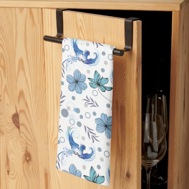 Paño De Cocina Blue Birds and Floral Harmony Seamless Pattern (Pliegue de tercios)