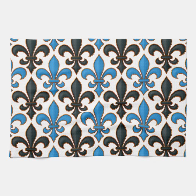 Paño De Cocina Blue Black Baroque Fleur-de-lis Pattern Design  (Horizontal)