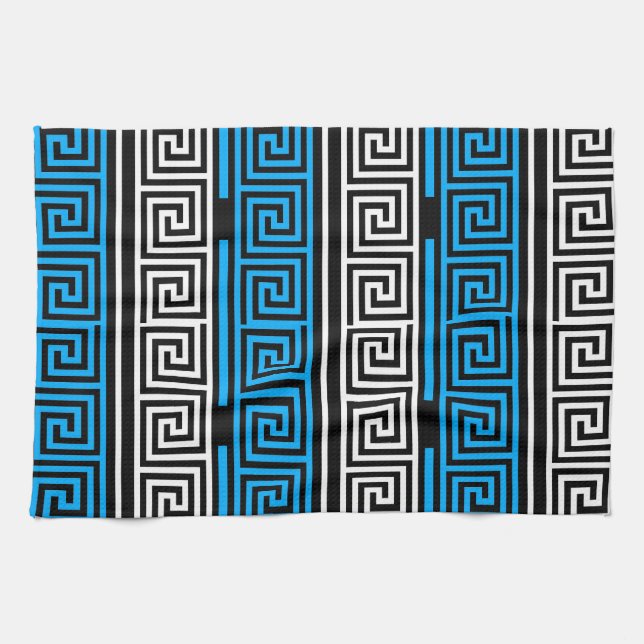 Paño De Cocina Blue Black White Greek Key Fret Pattern Design  (Horizontal)