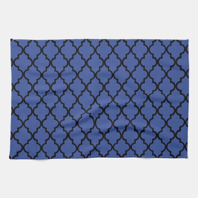 Paño De Cocina Blue Cerulean y Black Maroccan Trellis Quatrefoil (Horizontal)