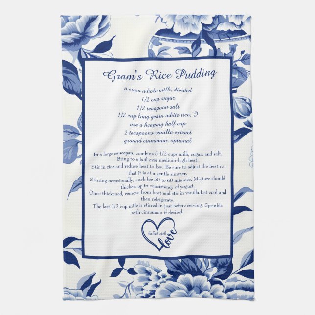 Paño De Cocina Blue Chinoiserie Family Recipe Keepsake Custom  (Vertical)