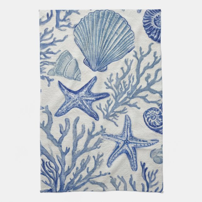 Paño De Cocina Blue Coastal Toile Seashell Coral Pattern (Vertical)
