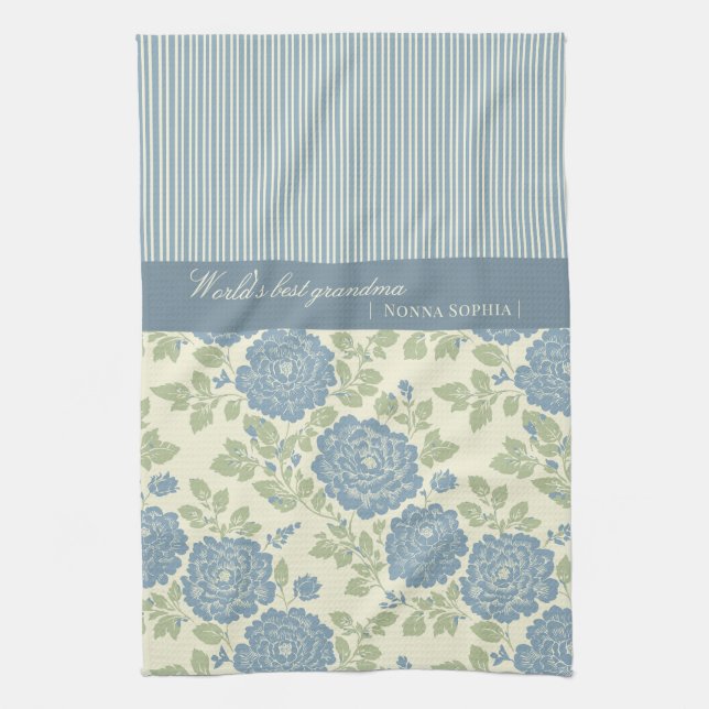 Paño De Cocina Blue Floral Block Print w Blue Stripes (Vertical)