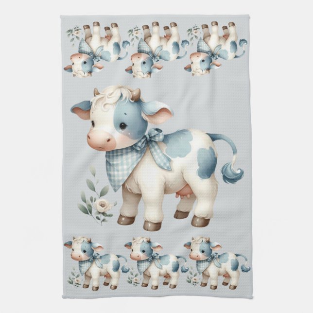 Paño De Cocina Blue Gingham Baby Cow Pastel Farm Aesthetic (Vertical)