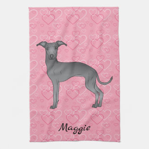 Paño De Cocina Blue Italian Greyhound Cute Dog En Corazones Rosa