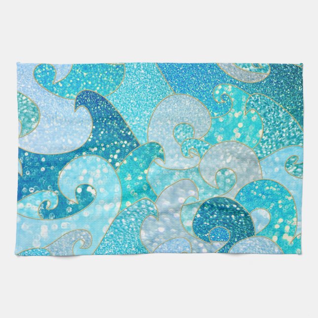 Paño De Cocina Blue Mermaid Faux Purpurina Sea - Océano oro Verde (Horizontal)