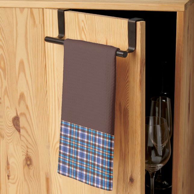 Paño De Cocina Blue Plaid Borders on Brown (Pliegue de tercios)