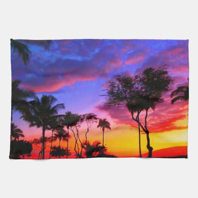 Paño De Cocina Blue Red Sunset Exotic Hawaiian Beach Palm Trees (Horizontal)