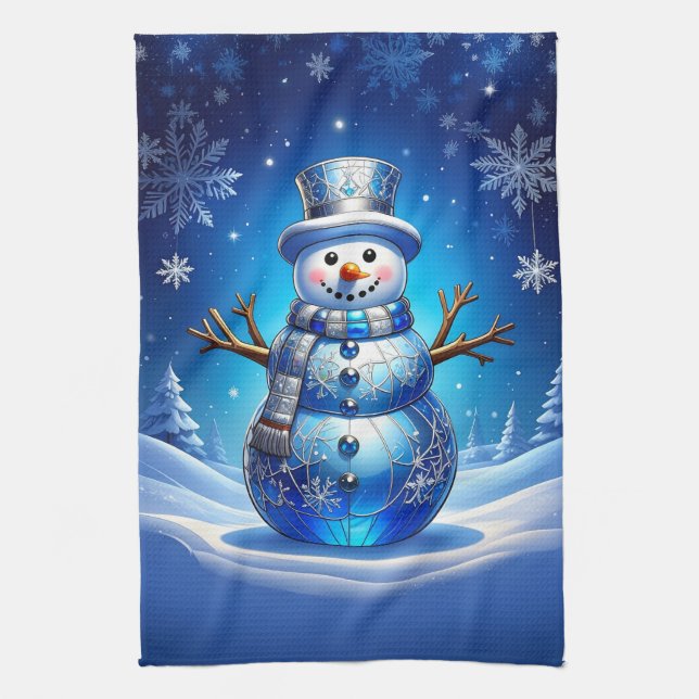 Paño De Cocina Blue Snowman Snowflakes Holiday Kitchen Towel (Vertical)