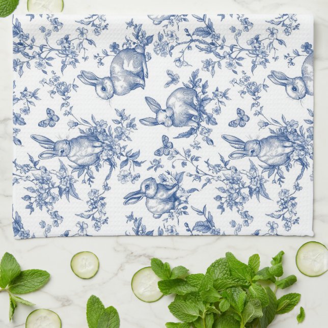 Paño De Cocina Blue Toile De Jouy Easter Bunny (Doblado)
