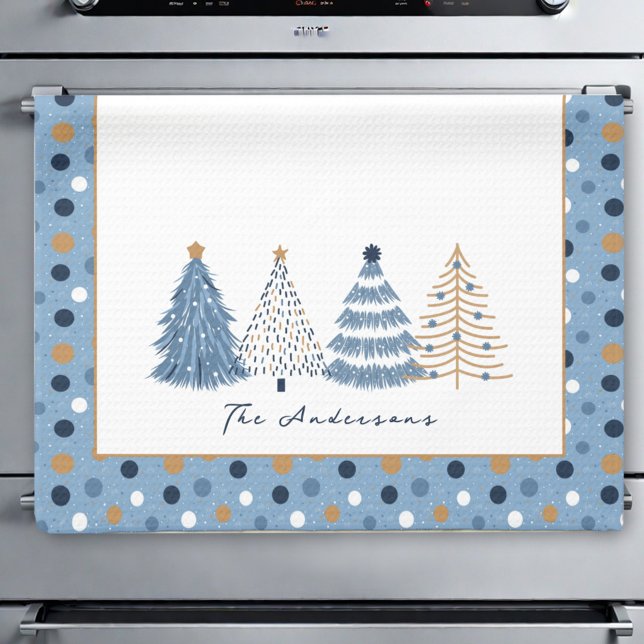 Paño De Cocina Blue Trees Dots Modern Dots Navidades nombre de va (Blue Trees Modern Dots Christmas Holiday Name Kitchen Towel)