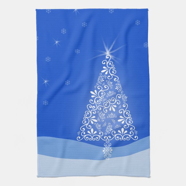 Paño De Cocina Blue White Merry Christmas Tree Stars Night Light (Vertical)
